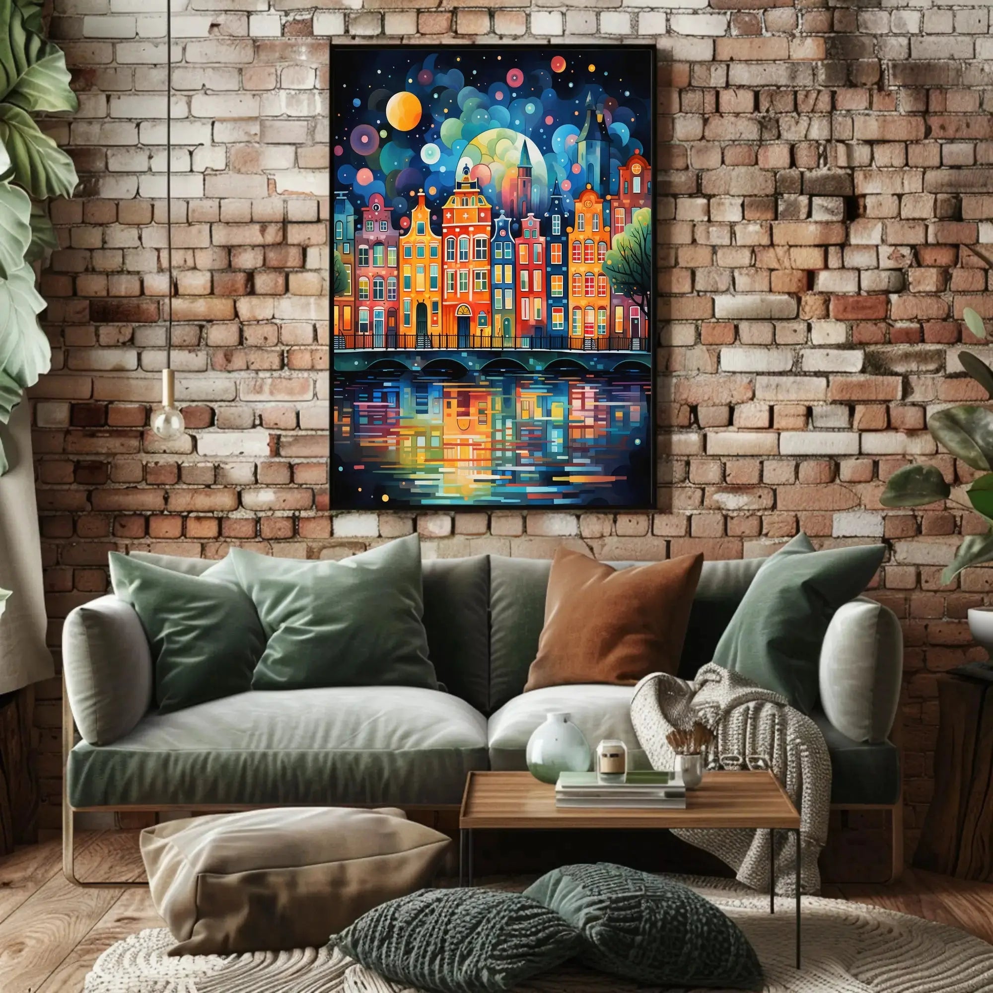 Vibrant European Nightscape City Canal Abstract Art Poster PosterGoat