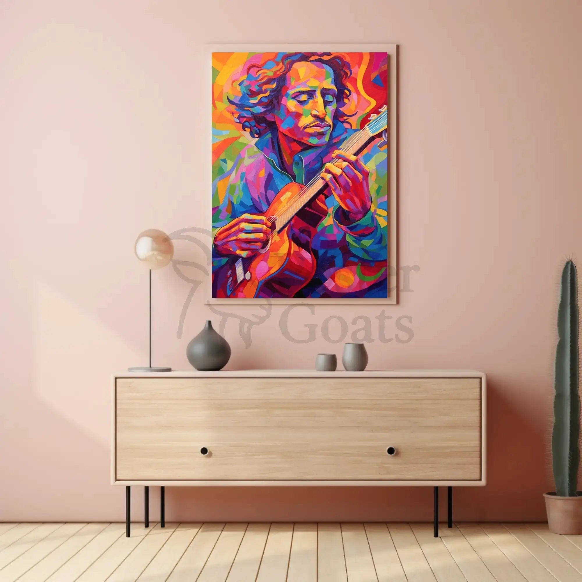 Vibrant Guitarist Portrait in Abstract Artistic Poster PosterGoat