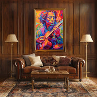 Vibrant Guitarist Portrait in Abstract Artistic Poster PosterGoat