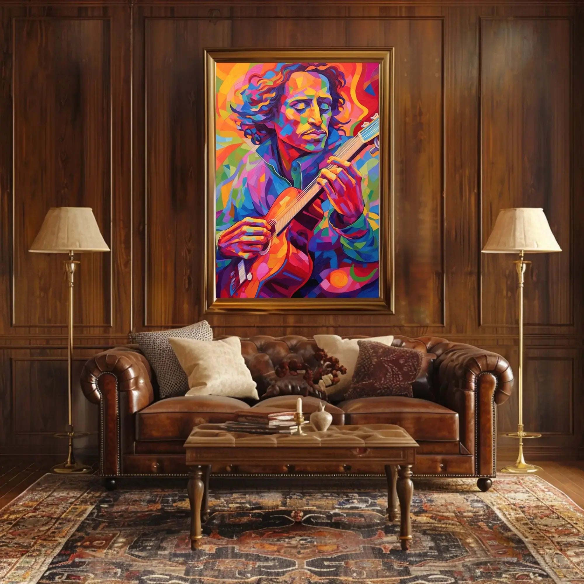Vibrant Guitarist Portrait in Abstract Artistic Poster PosterGoat