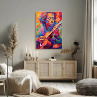 Vibrant Guitarist Portrait in Abstract Artistic Poster PosterGoat