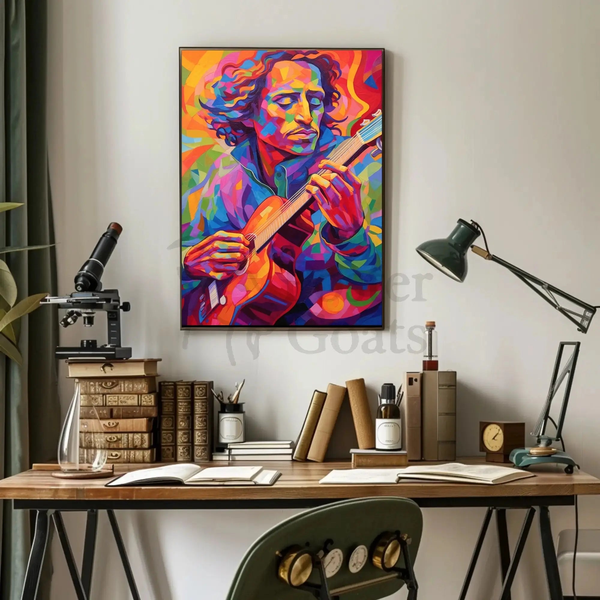 Vibrant Guitarist Portrait in Abstract Artistic Poster PosterGoat