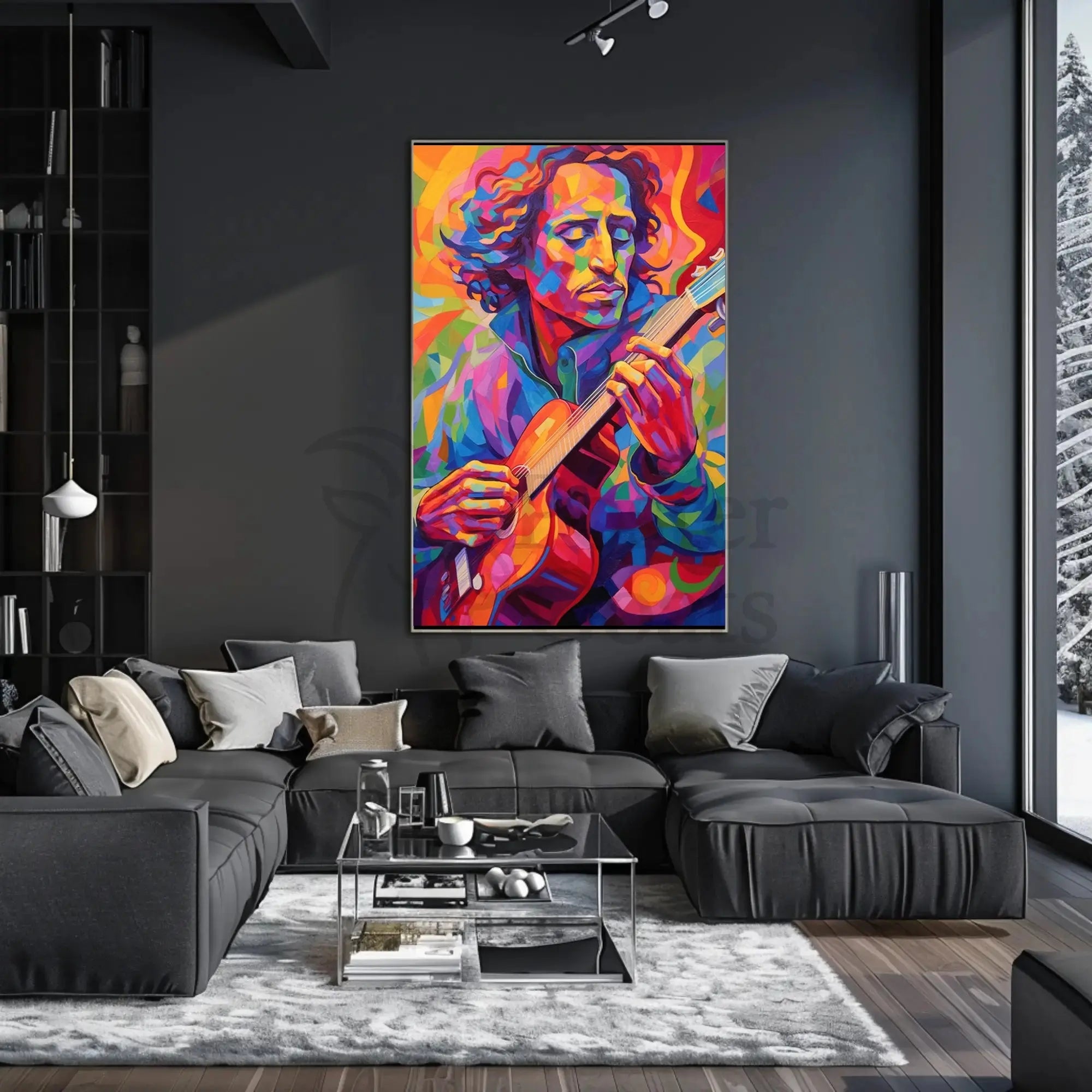 Vibrant Guitarist Portrait in Abstract Artistic Poster PosterGoat