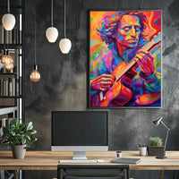 Vibrant Guitarist Portrait in Abstract Artistic Poster PosterGoat
