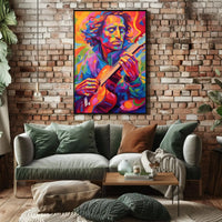 Vibrant Guitarist Portrait in Abstract Artistic Poster PosterGoat