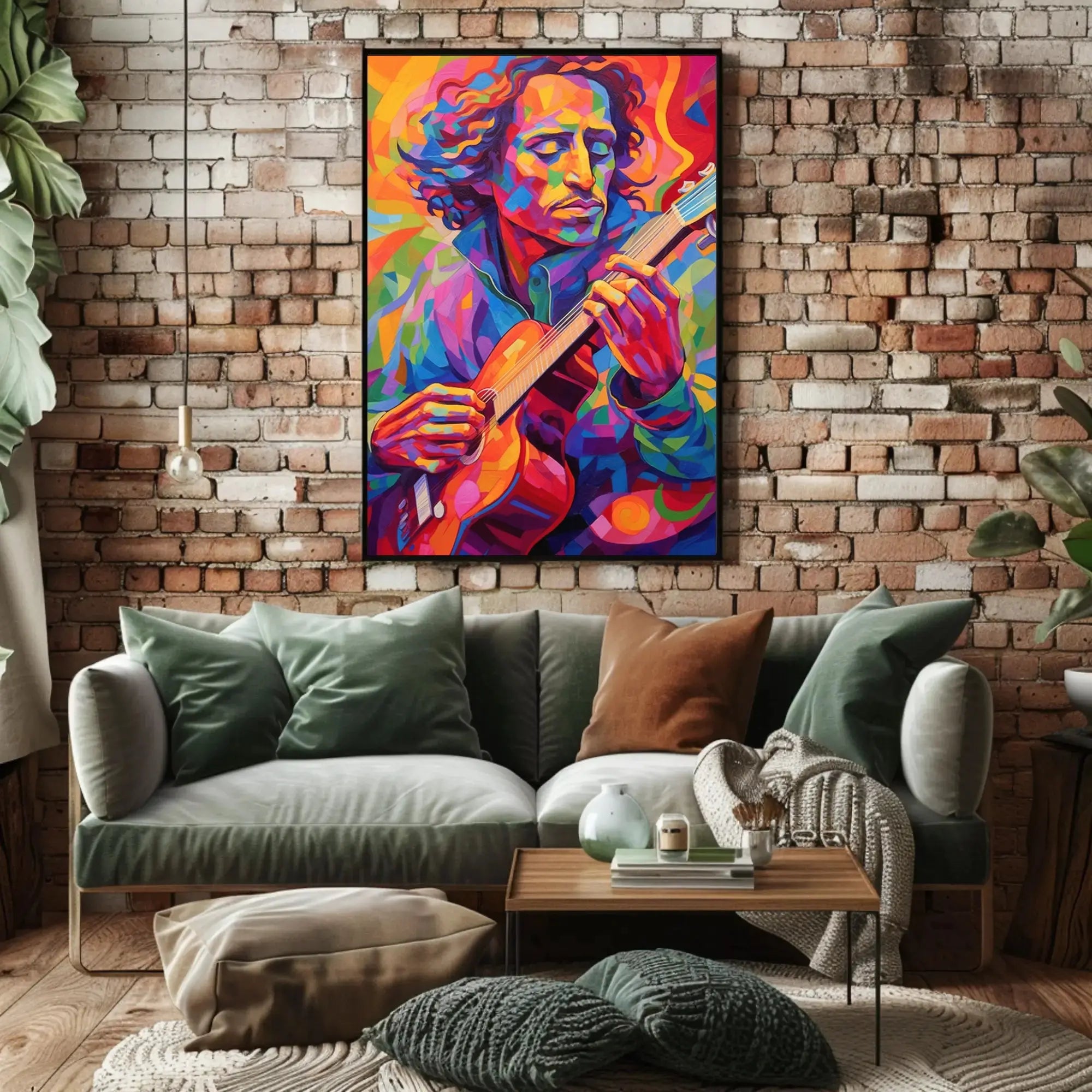 Vibrant Guitarist Portrait in Abstract Artistic Poster PosterGoat