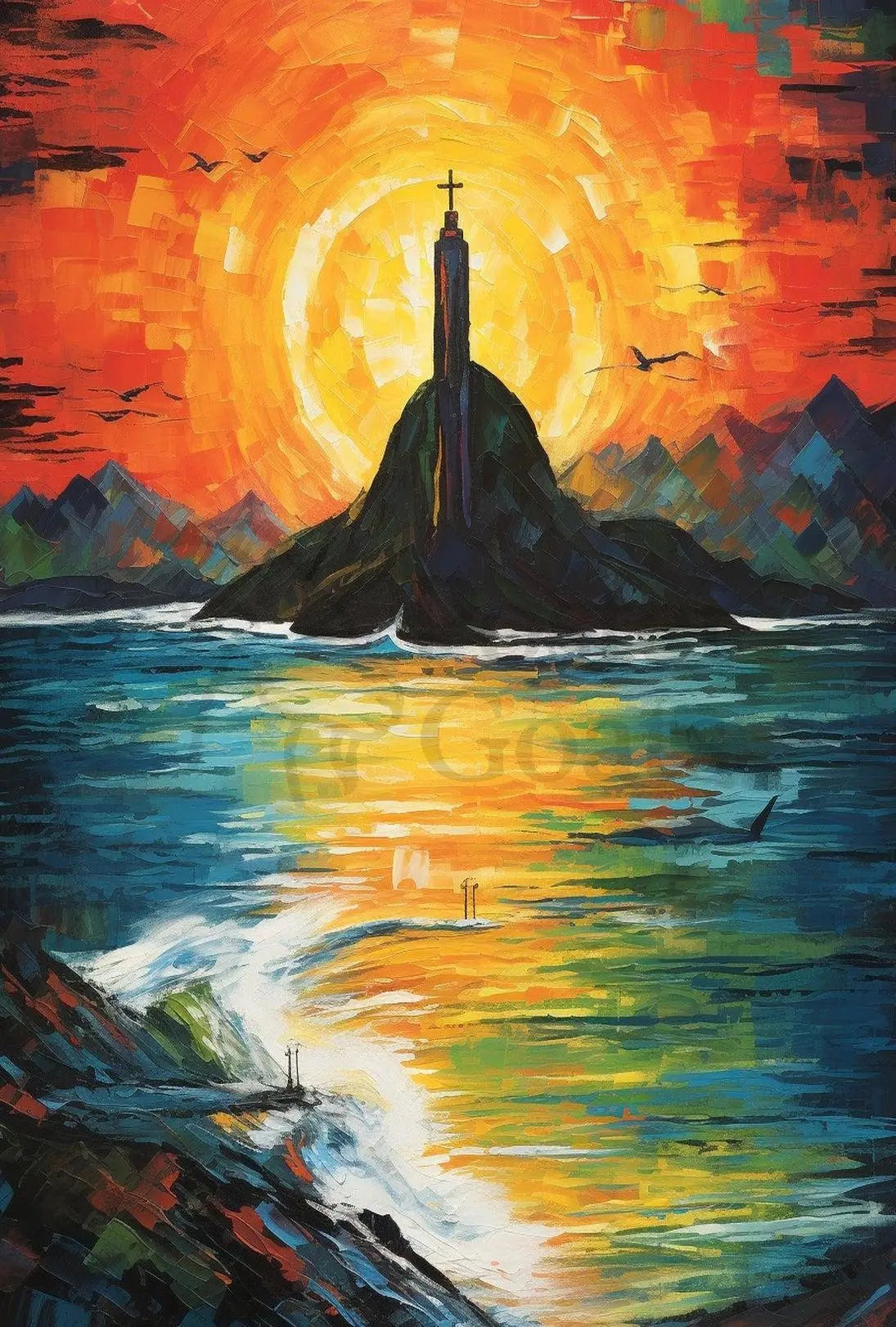 Vibrant Impressionist Statue Poster with Stunning Sunset Colors - Artistic Poster PosterGoat
