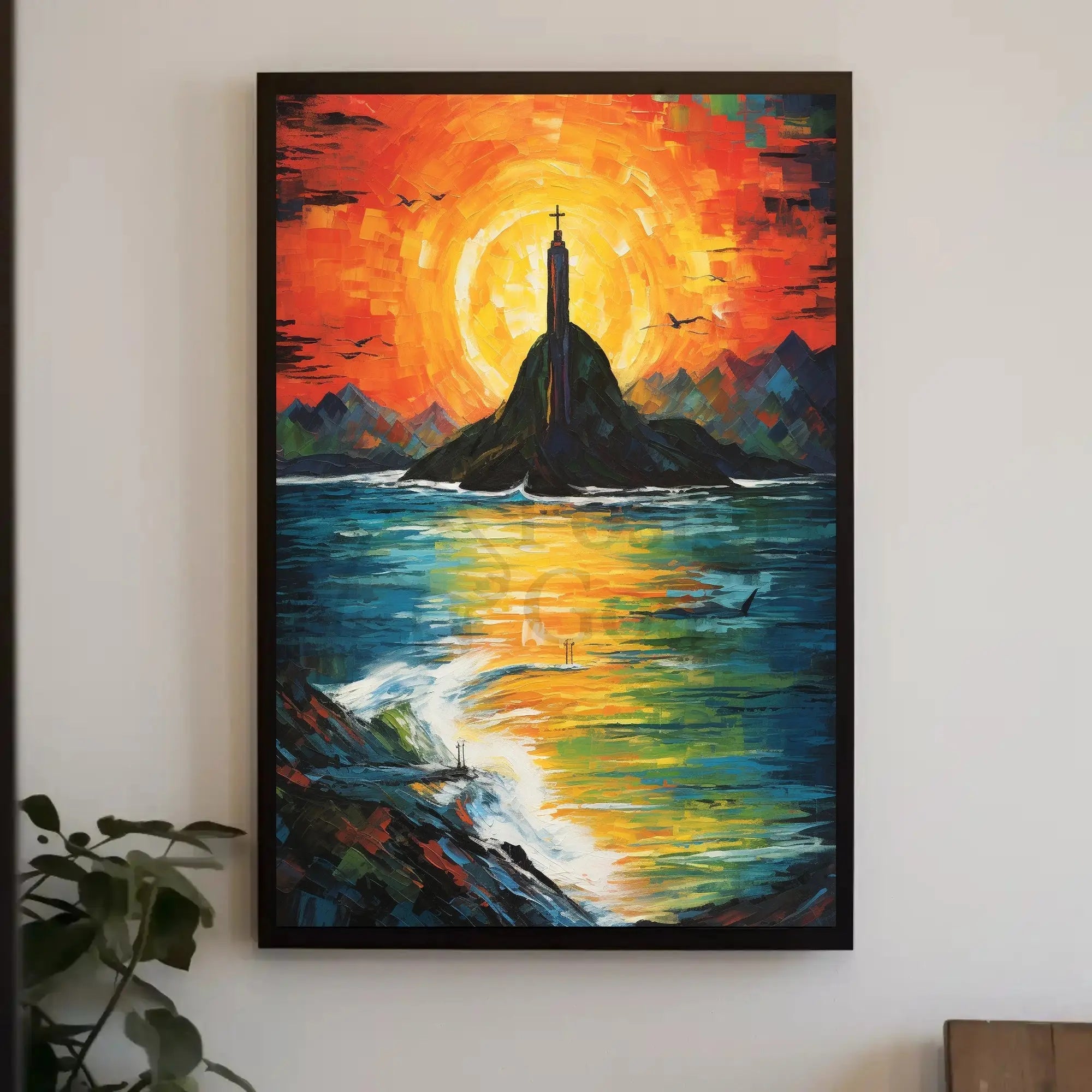 Vibrant Impressionist Statue Poster with Stunning Sunset Colors - Artistic Poster PosterGoat