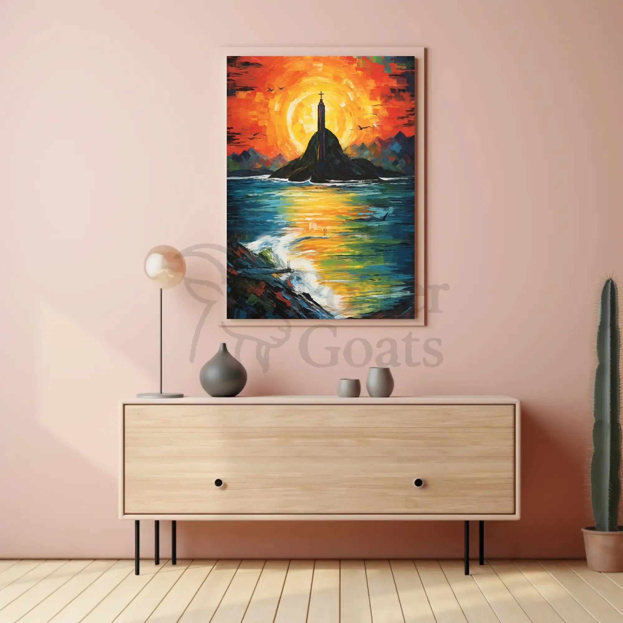 Vibrant Impressionist Statue Poster with Stunning Sunset Colors - Artistic Poster PosterGoat