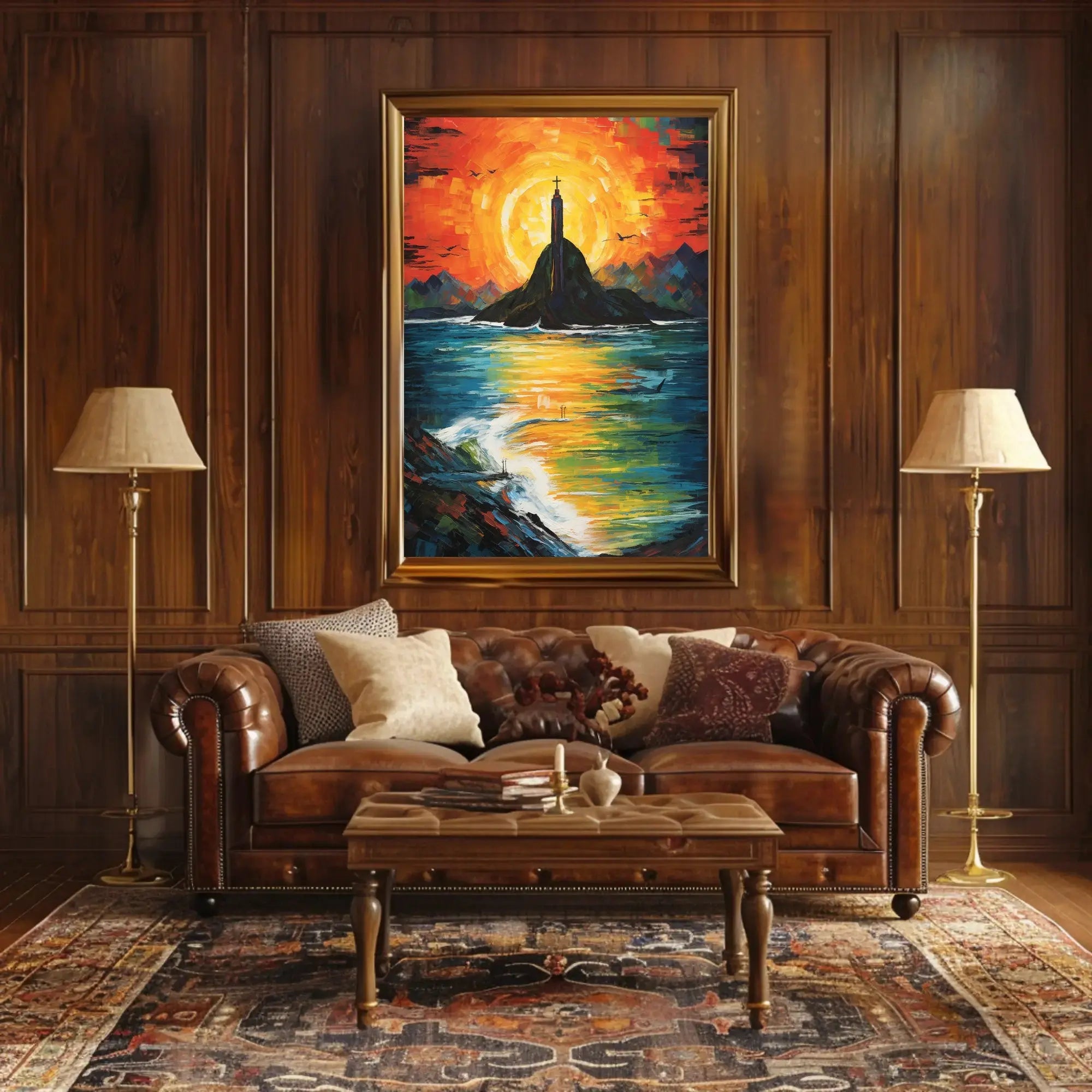 Vibrant Impressionist Statue Poster with Stunning Sunset Colors - Artistic Poster PosterGoat