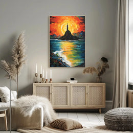 Vibrant Impressionist Statue Poster with Stunning Sunset Colors - Artistic Poster PosterGoat