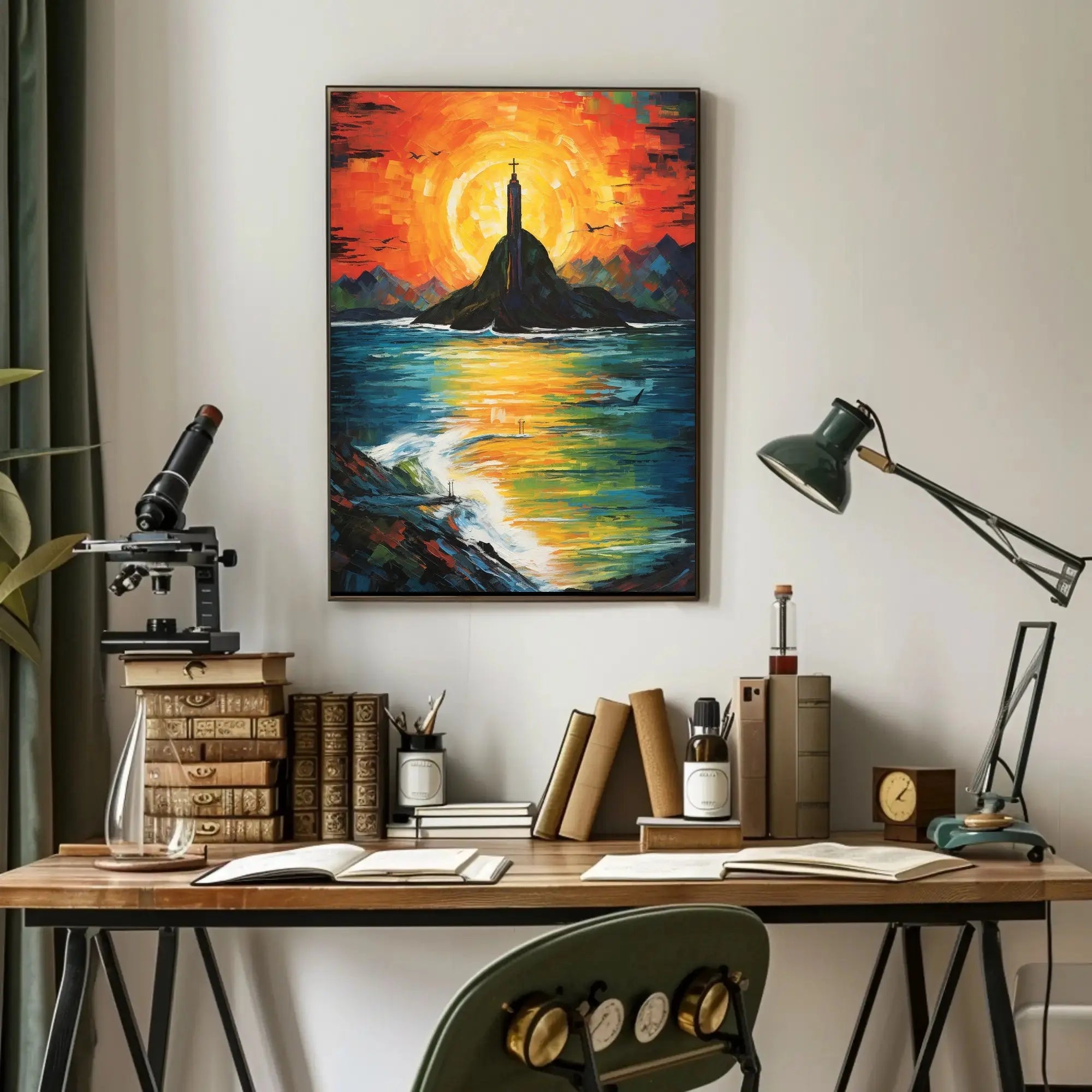 Vibrant Impressionist Statue Poster with Stunning Sunset Colors - Artistic Poster PosterGoat