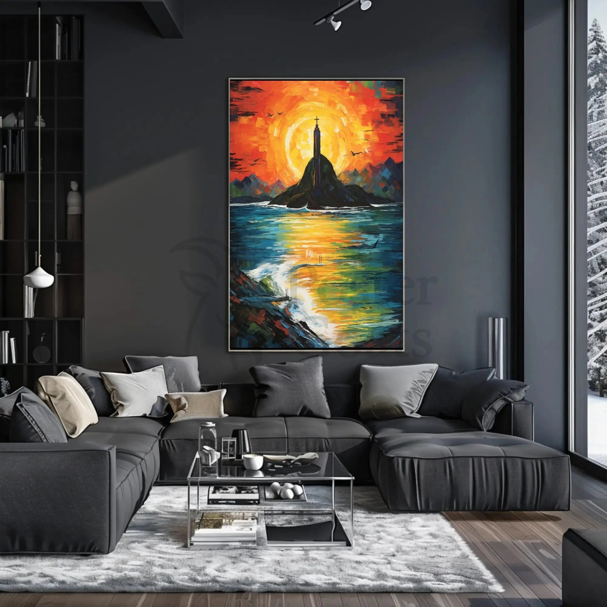 Vibrant Impressionist Statue Poster with Stunning Sunset Colors - Artistic Poster PosterGoat