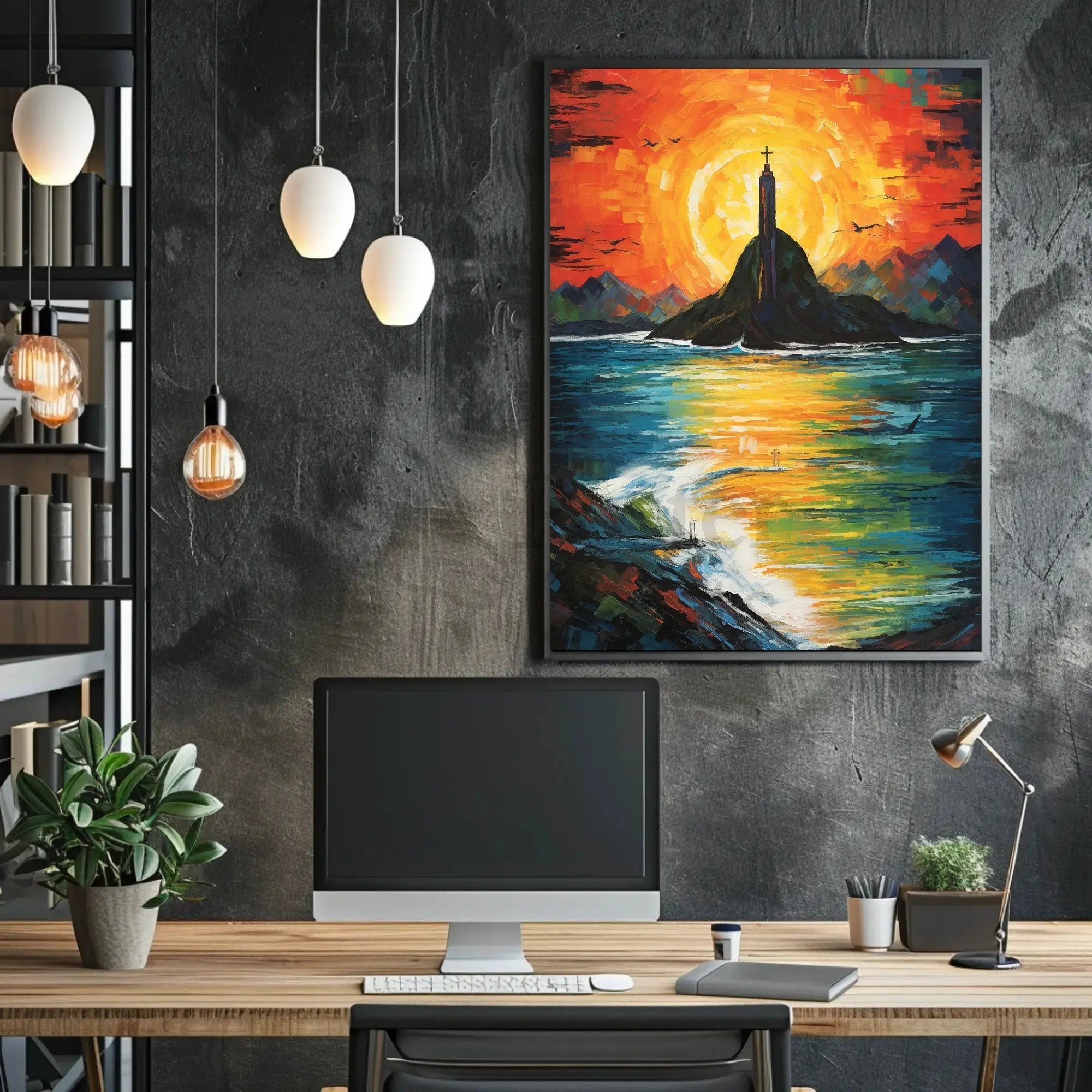Vibrant Impressionist Statue Poster with Stunning Sunset Colors - Artistic Poster PosterGoat