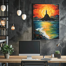 Vibrant Impressionist Statue Poster with Stunning Sunset Colors - Artistic Poster PosterGoat
