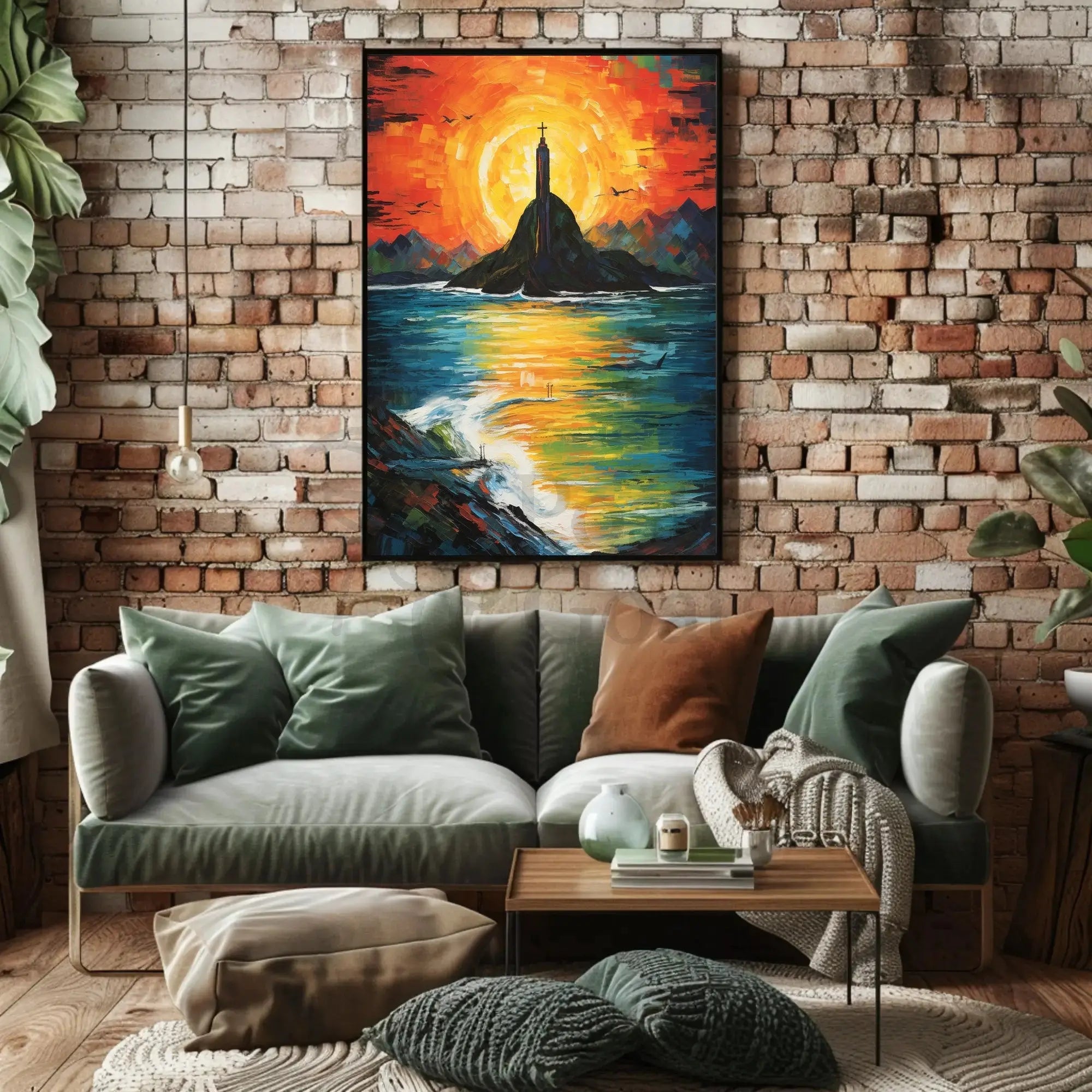 Vibrant Impressionist Statue Poster with Stunning Sunset Colors - Artistic Poster PosterGoat