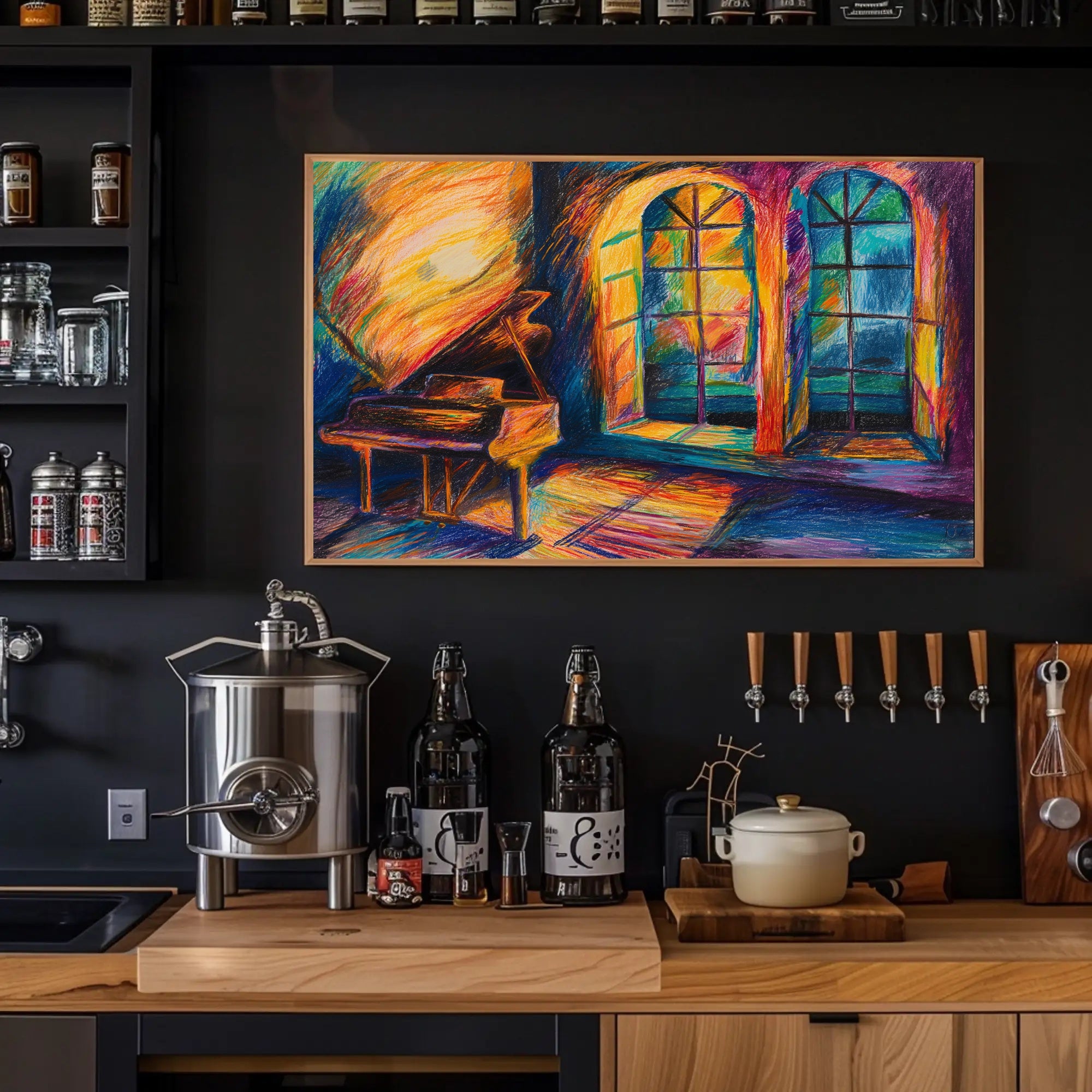 Vibrant Interior with Piano and Windows Artistic Poster PosterGoat