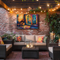 Vibrant Interior with Piano and Windows Artistic Poster PosterGoat