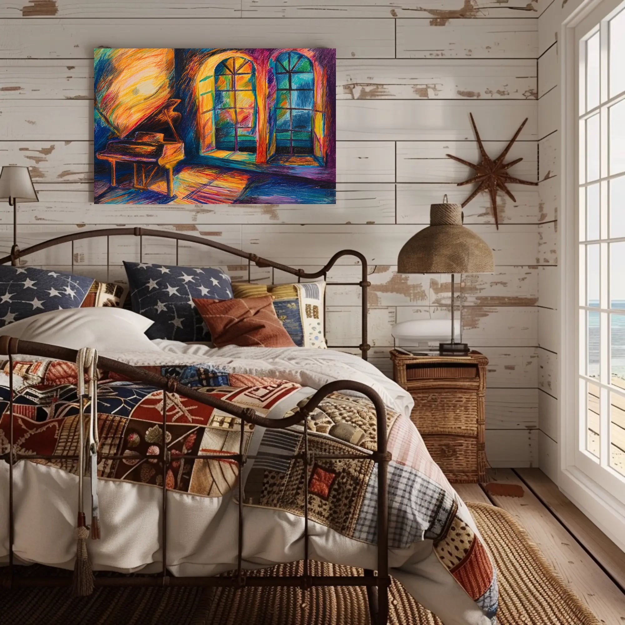 Vibrant Interior with Piano and Windows Artistic Poster PosterGoat