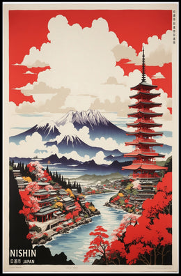 Vibrant Japanese Landscape Featuring Pagoda and Mountains - Travel Poster PosterGoat