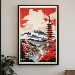 Vibrant Japanese Landscape Featuring Pagoda and Mountains - Travel Poster PosterGoat