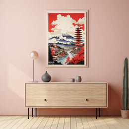 Vibrant Japanese Landscape Featuring Pagoda and Mountains - Travel Poster PosterGoat