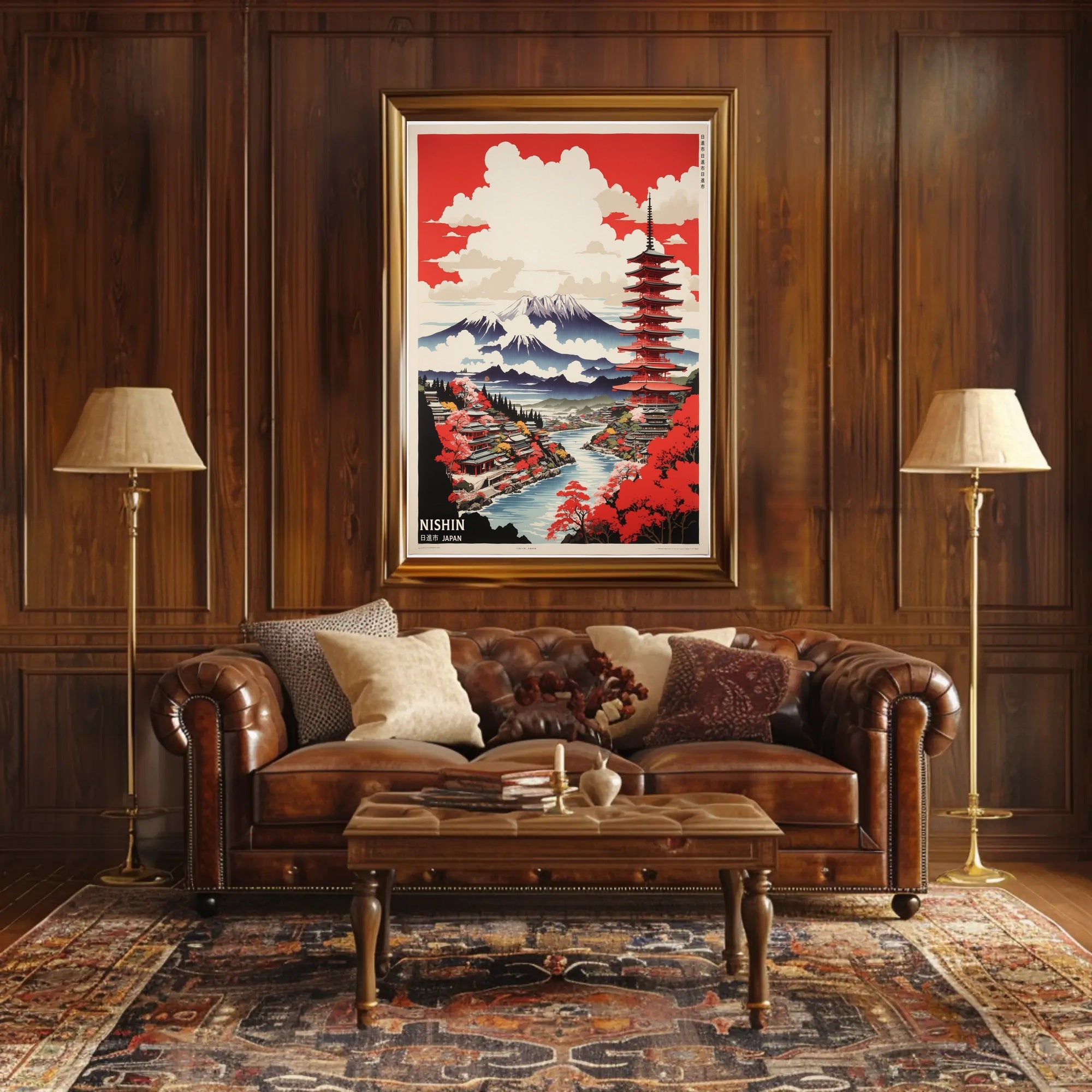 Vibrant Japanese Landscape Featuring Pagoda and Mountains - Travel Poster PosterGoat