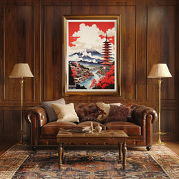 Vibrant Japanese Landscape Featuring Pagoda and Mountains - Travel Poster PosterGoat