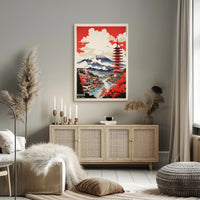Vibrant Japanese Landscape Featuring Pagoda and Mountains - Travel Poster PosterGoat