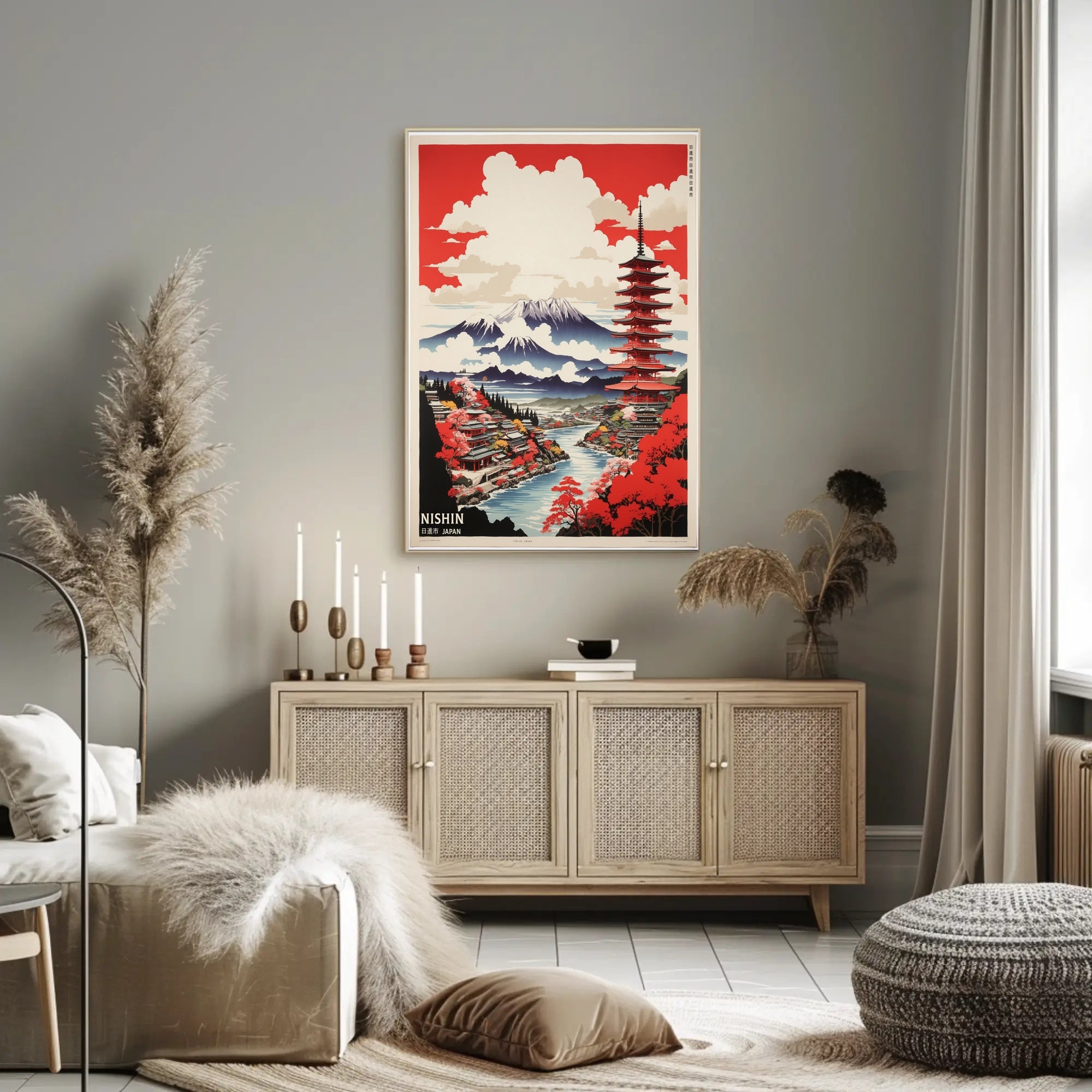 Vibrant Japanese Landscape Featuring Pagoda and Mountains - Travel Poster PosterGoat