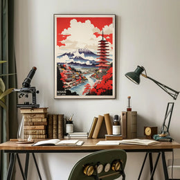 Vibrant Japanese Landscape Featuring Pagoda and Mountains - Travel Poster PosterGoat