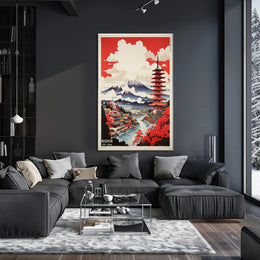 Vibrant Japanese Landscape Featuring Pagoda and Mountains - Travel Poster PosterGoat