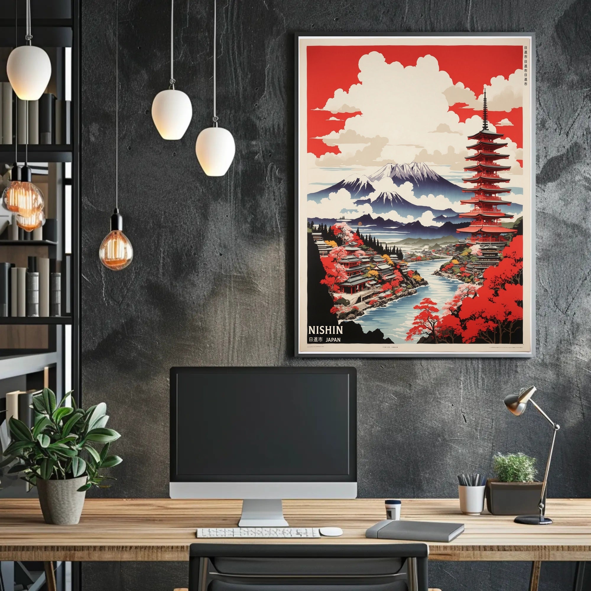 Vibrant Japanese Landscape Featuring Pagoda and Mountains - Travel Poster PosterGoat