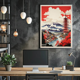 Vibrant Japanese Landscape Featuring Pagoda and Mountains - Travel Poster PosterGoat