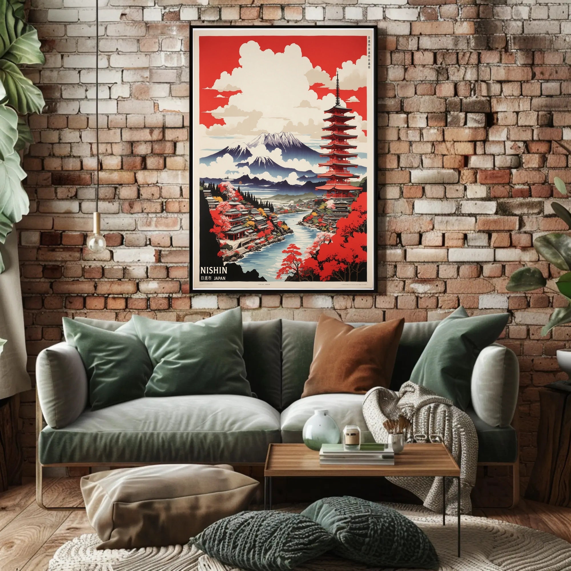 Vibrant Japanese Landscape Featuring Pagoda and Mountains - Travel Poster PosterGoat