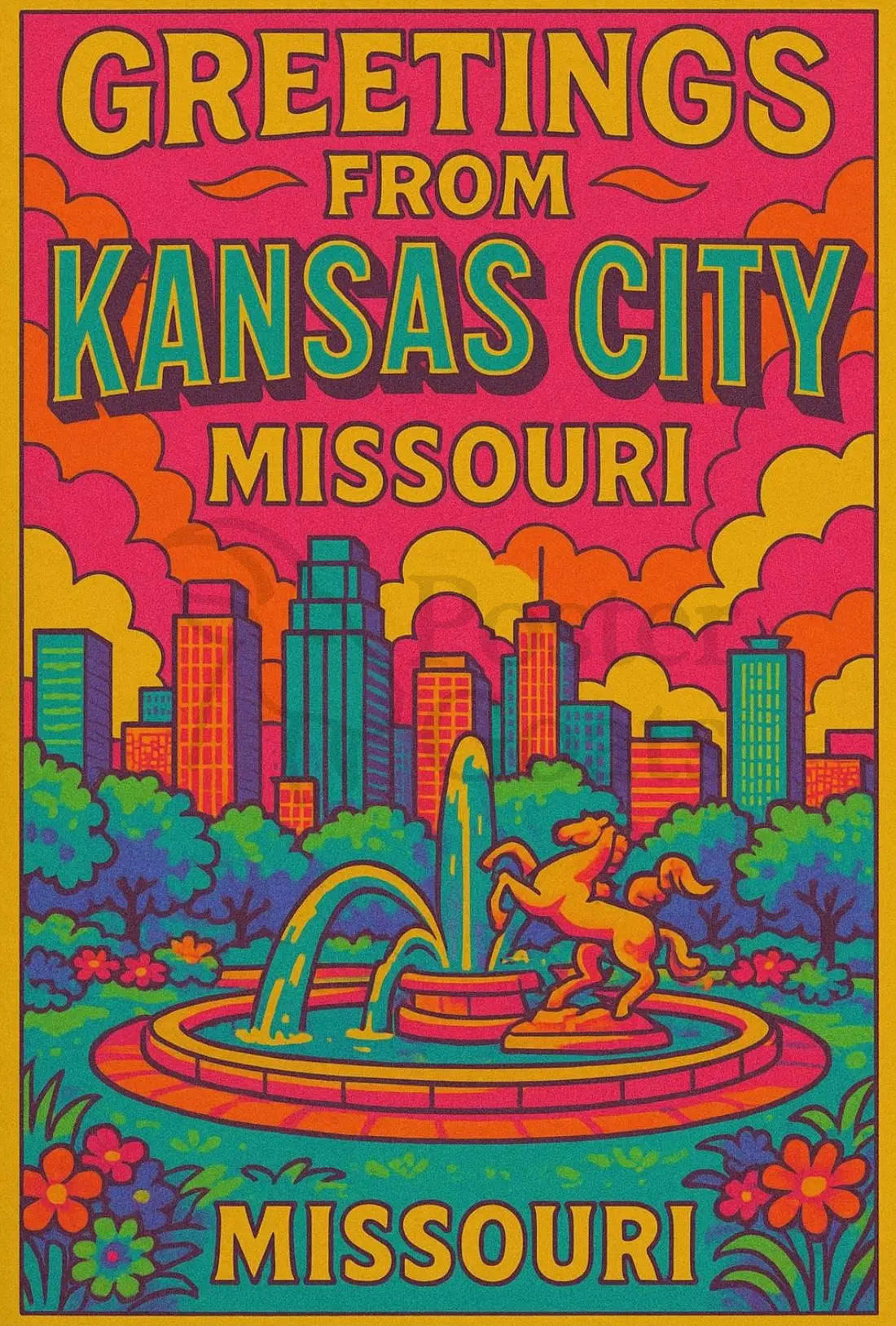 Vibrant Kansas City Skyline Pop Art Travel Poster PosterGoat