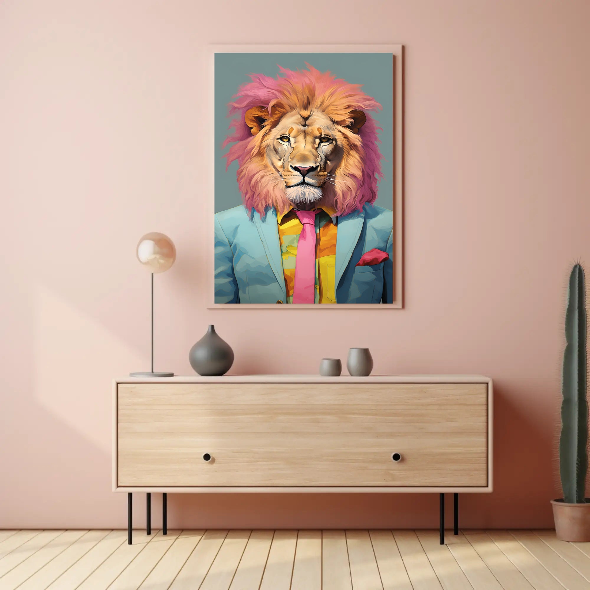 Vibrant Lion in Suit: Artistic Poster PosterGoat