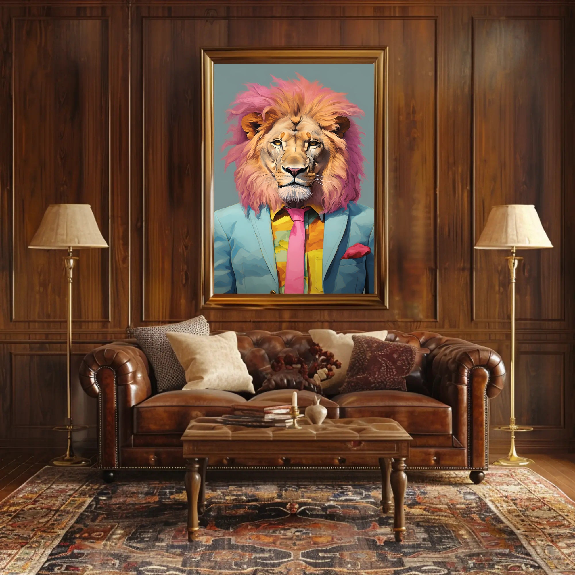 Vibrant Lion in Suit: Artistic Poster PosterGoat