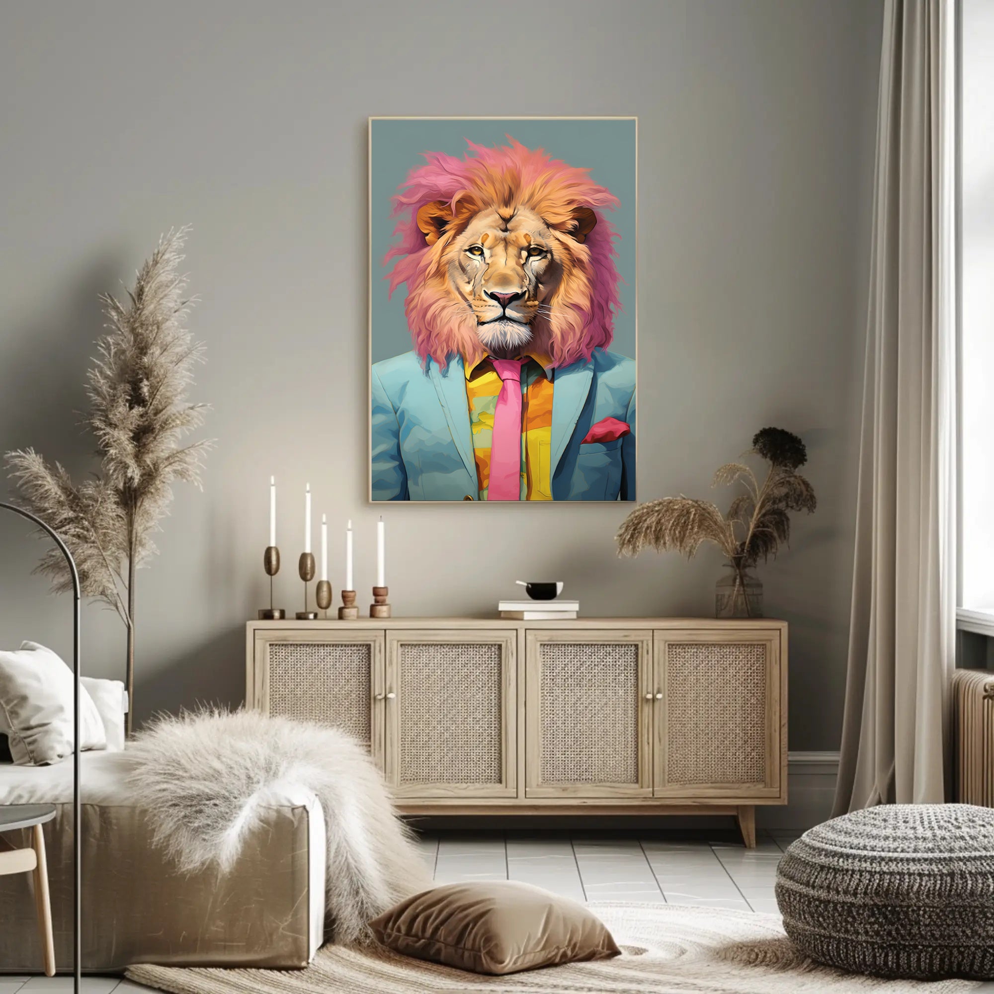 Vibrant Lion in Suit: Artistic Poster PosterGoat