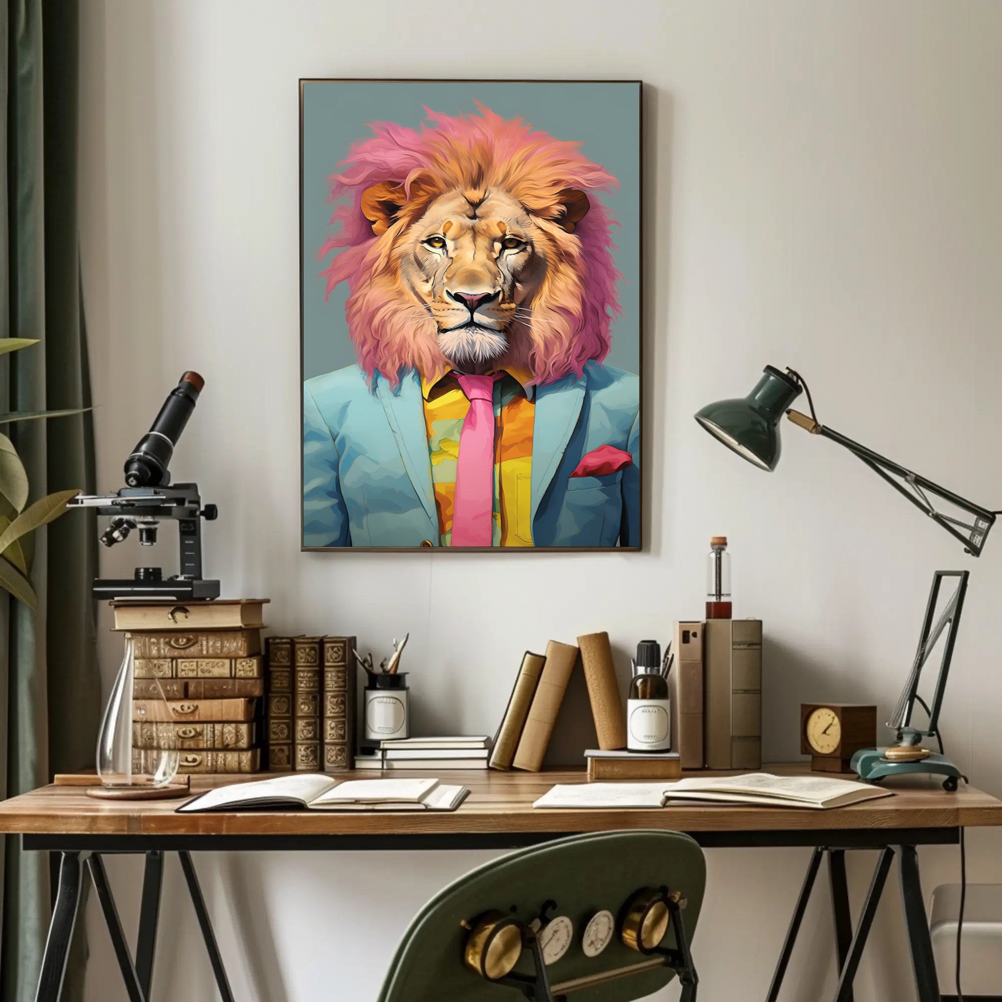 Vibrant Lion in Suit: Artistic Poster PosterGoat