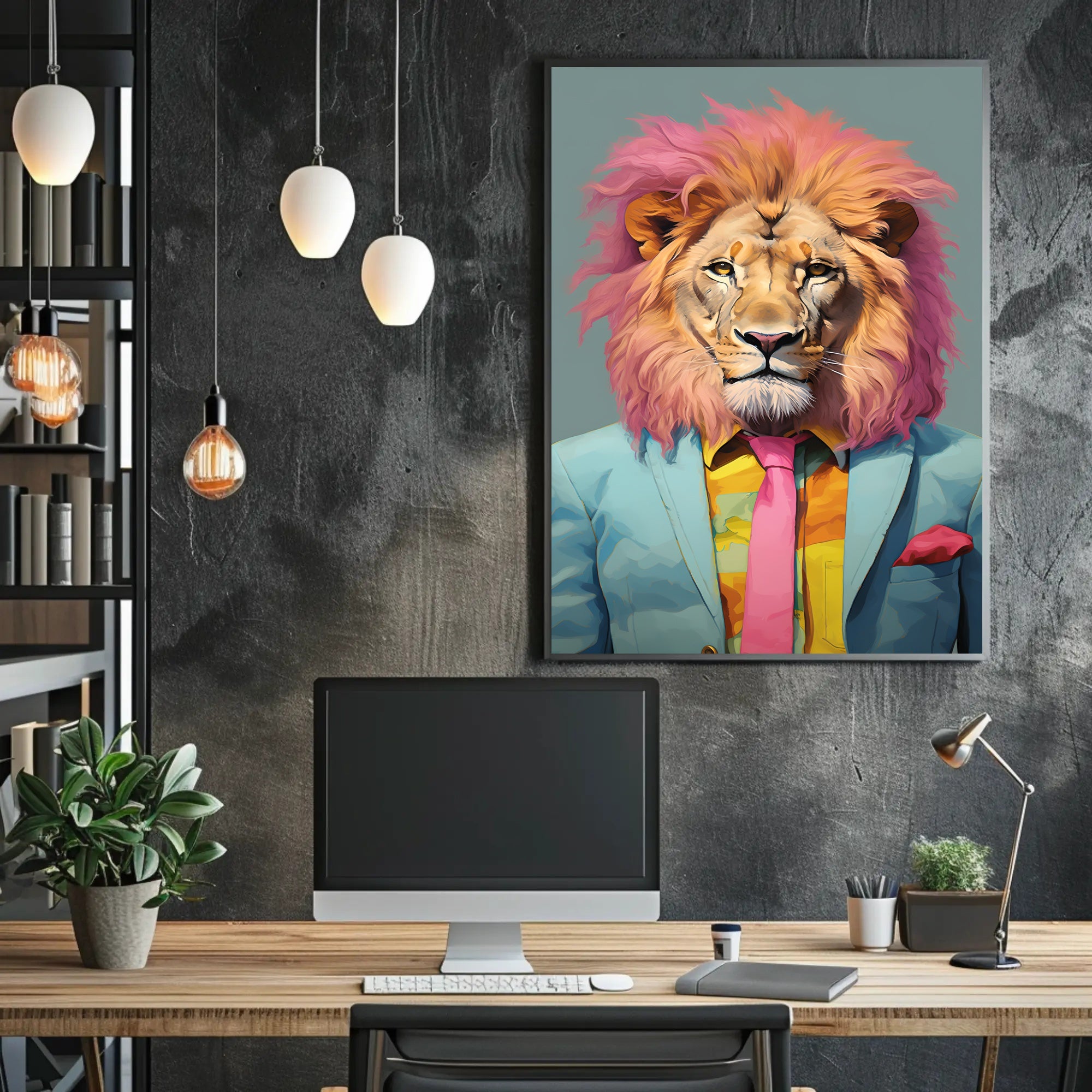 Vibrant Lion in Suit: Artistic Poster PosterGoat