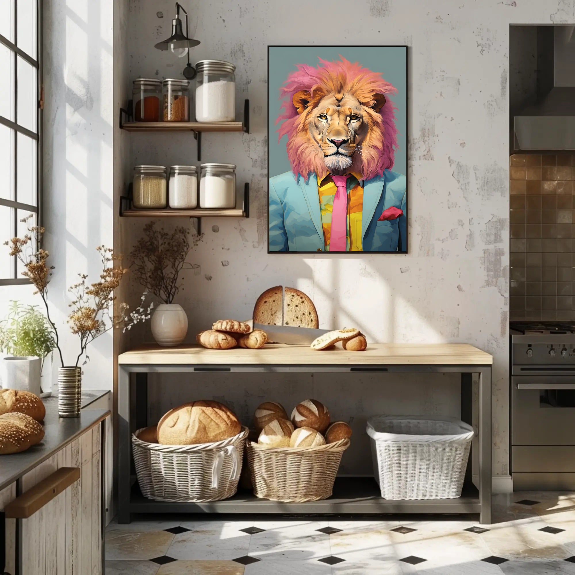 Vibrant Lion in Suit: Artistic Poster PosterGoat