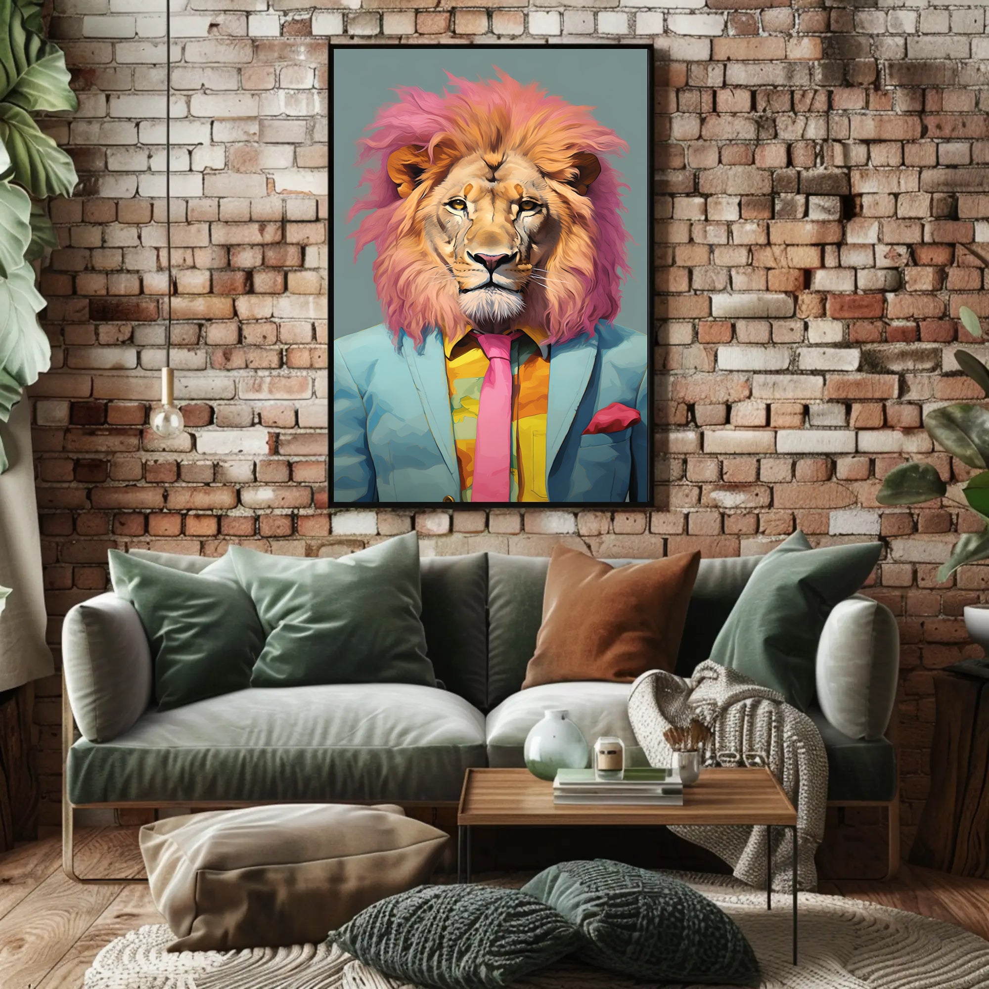 Vibrant Lion in Suit: Artistic Poster PosterGoat
