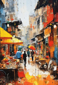 Vibrant Market Scene in Urban Asia - Artistic Poster PosterGoat