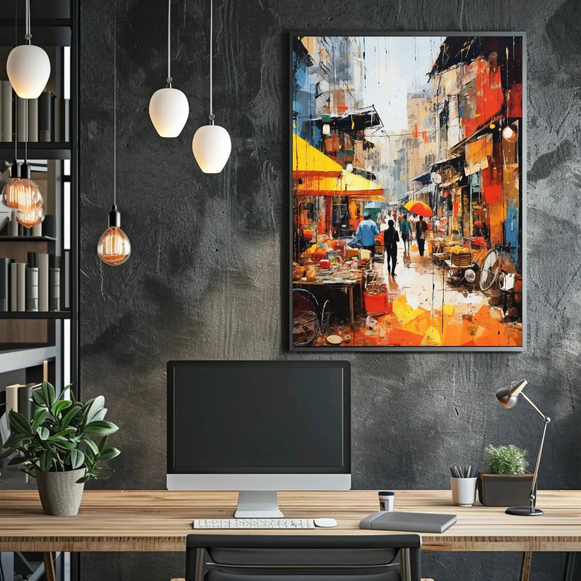 Vibrant Market Scene in Urban Asia - Artistic Poster PosterGoat