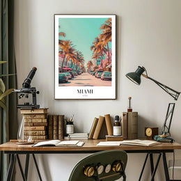 Vibrant Miami Street Scene Vintage Urban Cityscape Poster PosterGoat
