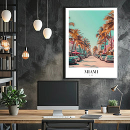 Vibrant Miami Street Scene Vintage Urban Cityscape Poster PosterGoat