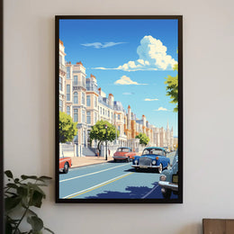 Vibrant Mid-Century European City Street Urban or Cityscape Poster PosterGoat