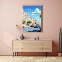 Vibrant Mid-Century European City Street Urban or Cityscape Poster PosterGoat