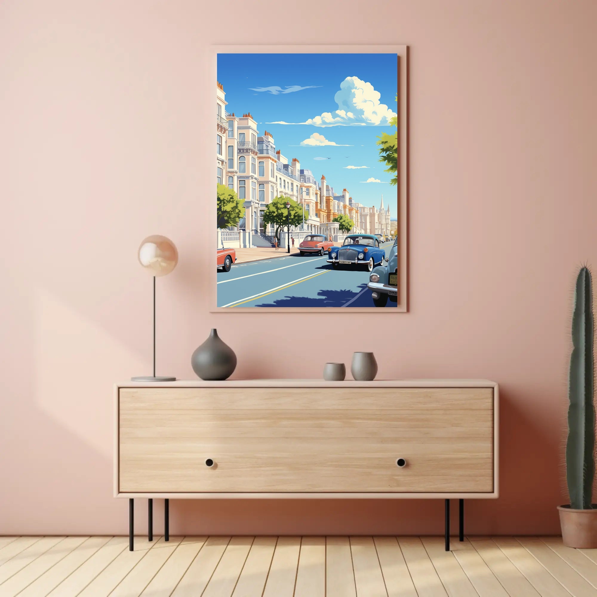 Vibrant Mid-Century European City Street Urban or Cityscape Poster PosterGoat